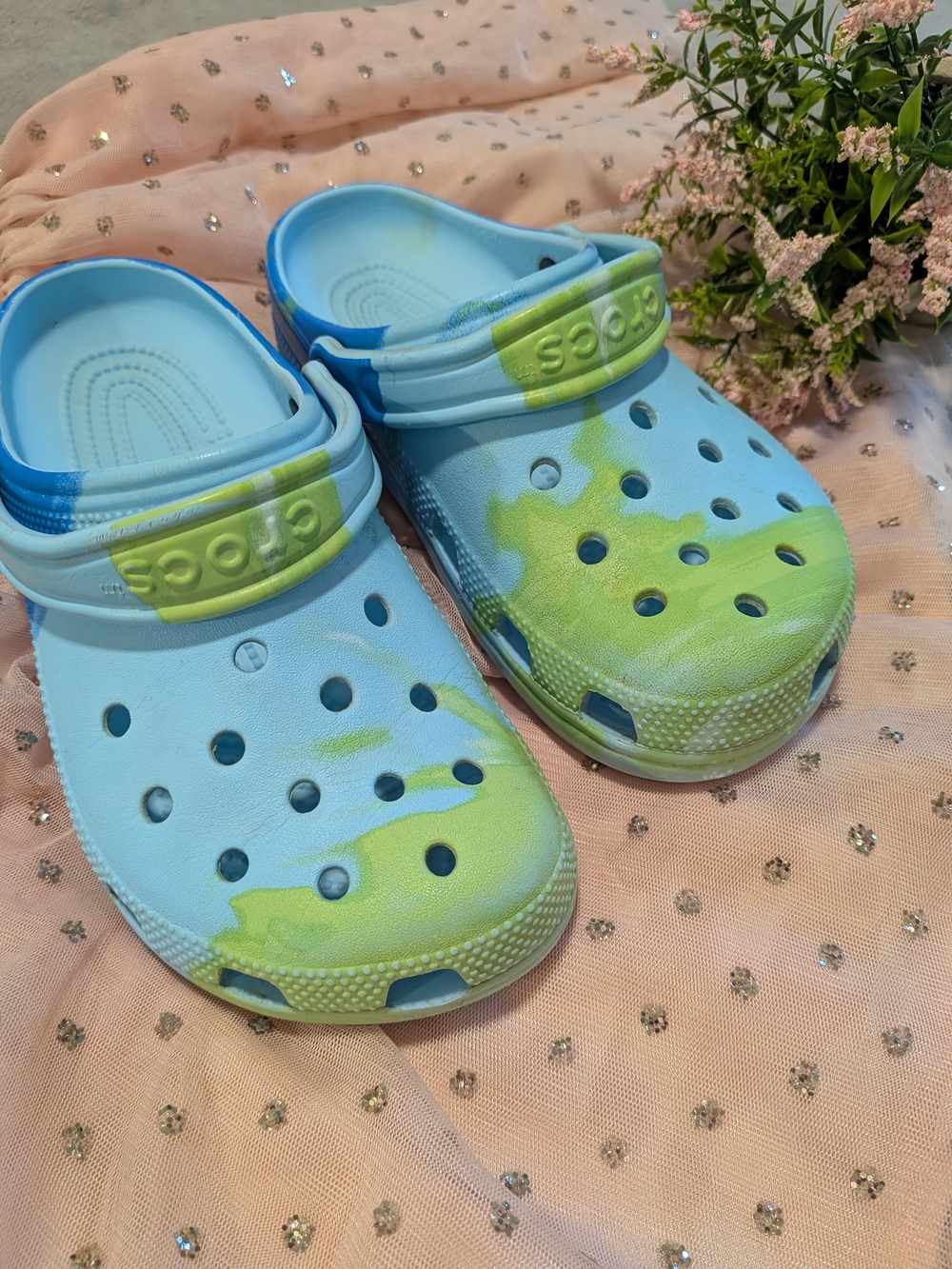 CROCS Kids Clog in Light Blue and Lime Green Tie-Dye